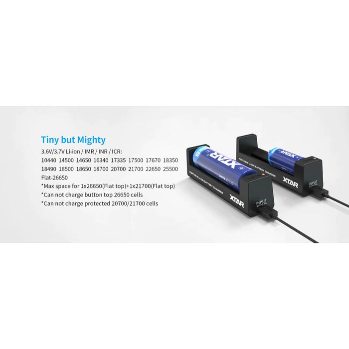 XTAR MC1 1 Bay USB Battery Charger for rechargeable batteries, compact device with USB port for easy charging.