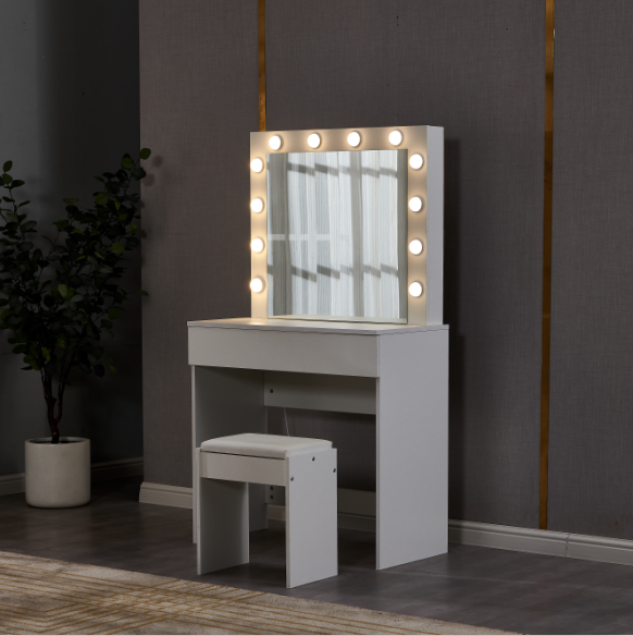Sue-e Furniture York LED light dressing table with mirror and matching stool, sleek modern design for a stylish bedroom setup.