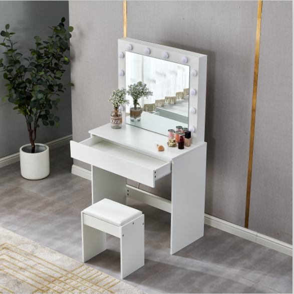 Sue-e Furniture York LED light dressing table with mirror and matching stool, modern vanity for makeup and grooming.