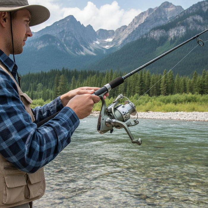 YUMOSHI SC7000 spinning fishing reel with 12 ball bearings, black and silver, featuring ergonomic handle and spool.