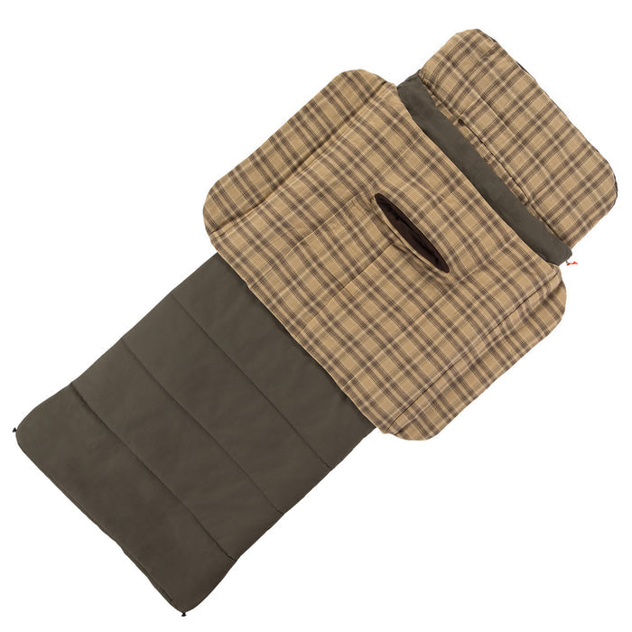 Plush plaid sleeping bag in brown and green with hood and hand pocket for camping comfort