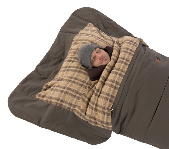 Cozy plaid sleeping bag in brown, featuring a soft interior, perfect for camping and outdoor adventures.