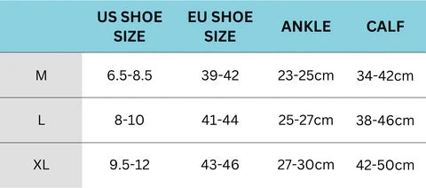 Zillo Explorer Travel Compression Sock size guide showing different sock sizes and fit options for ZilloPillow compression socks.